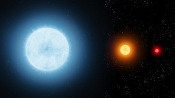 Giant blue star, sun-like star and a red dwarf. Comparison of the sizes and temperatures of differen...
