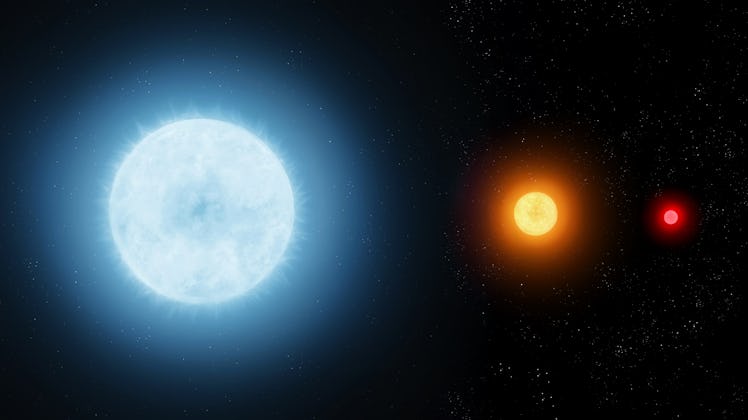 Giant blue star, sun-like star and a red dwarf. Comparison of the sizes and temperatures of differen...