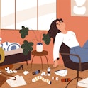 Lazy woman with mess around at home. Depressed sluggish person in dirty messy room. Concept of apath...