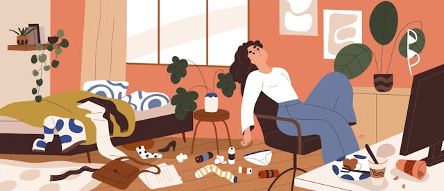 Lazy woman with mess around at home. Depressed sluggish person in dirty messy room. Concept of apath...