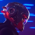 Portrait of a cyberpunk character with a human skull in sci-fi orange blue helmet, black hoodie. Cyb...