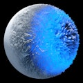 3d render of abstract art 3d snow ball sphere or planet in deformation process with blue neon glowin...