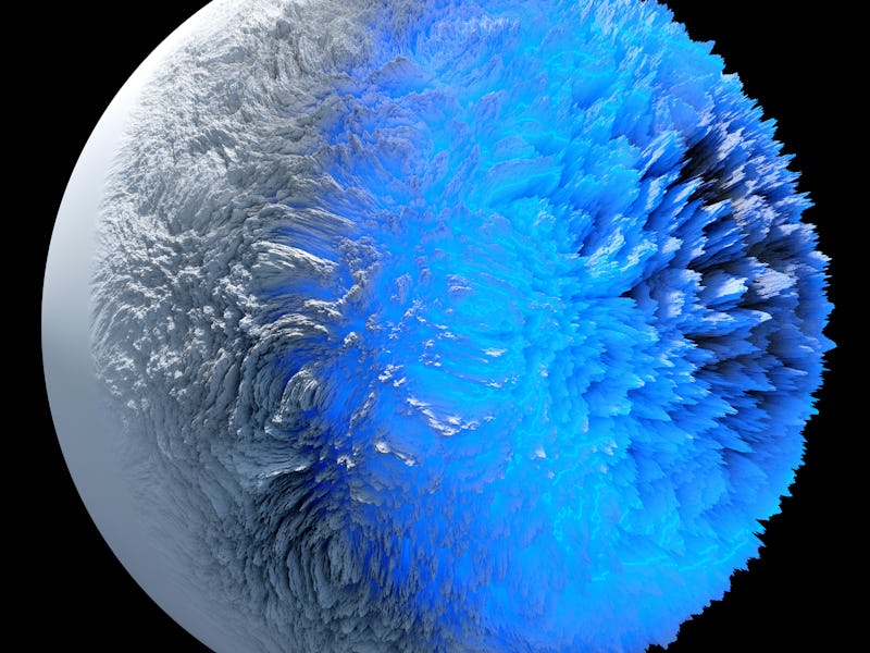3d render of abstract art 3d snow ball sphere or planet in deformation process with blue neon glowin...
