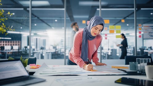 Modern Office: Portrait of Muslim Businesswoman Wearing Hijab Works on Engineering Project, Does Doc...