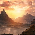 Fantasy landscape, sci-fi landscape with planet, neon light, cold planet. Beautiful sunset. Mountain...