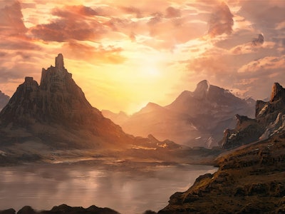 Fantasy landscape, sci-fi landscape with planet, neon light, cold planet. Beautiful sunset. Mountain...