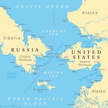 Bering Strait, political map.  The strait between the North Pacific and the Arctic Ocean, separating...