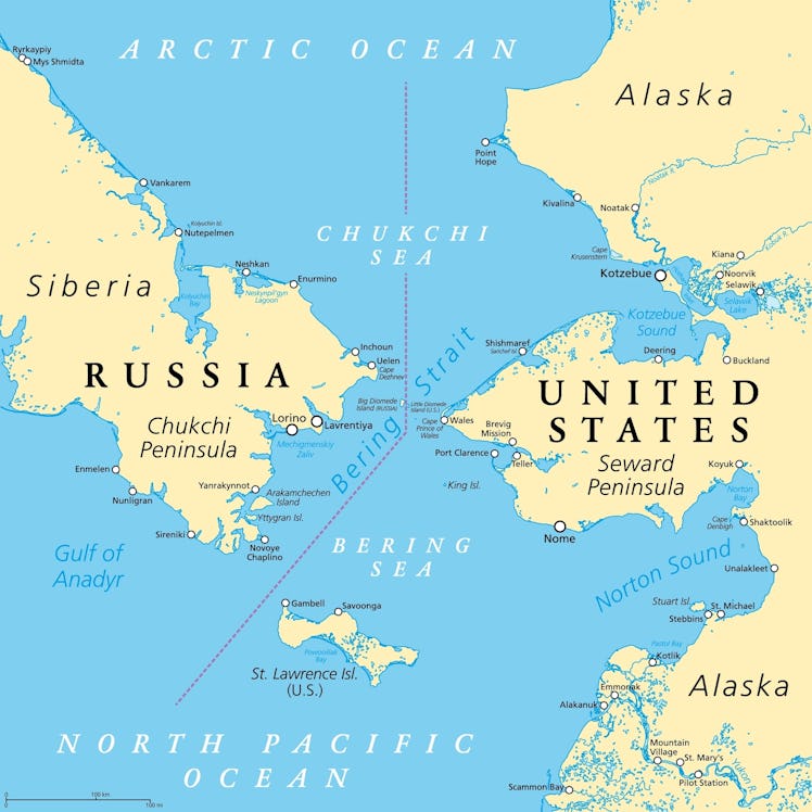 Bering Strait, political map. Strait between the North Pacific Ocean and the Arctic Ocean, separatin...