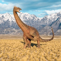 alamosaurus is looking back in anger in the plains and mountains, 3d illustration