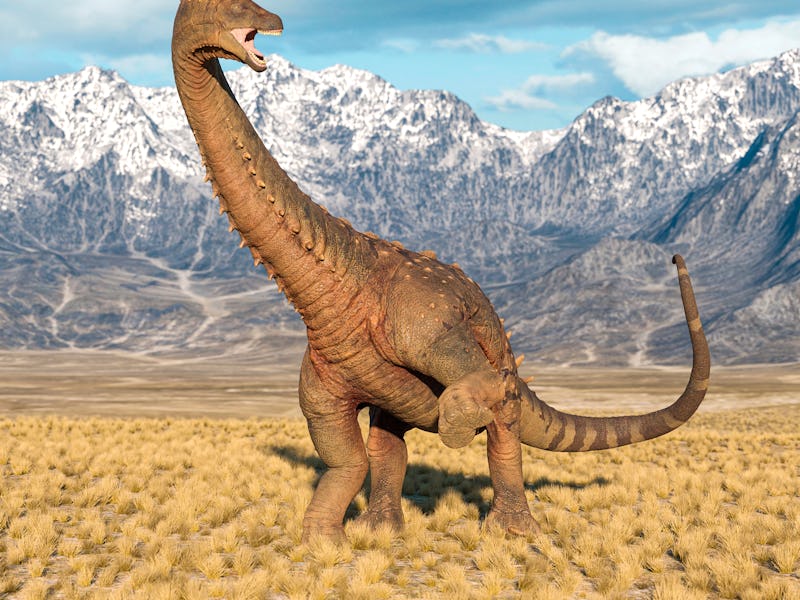 alamosaurus is looking back in anger in the plains and mountains, 3d illustration