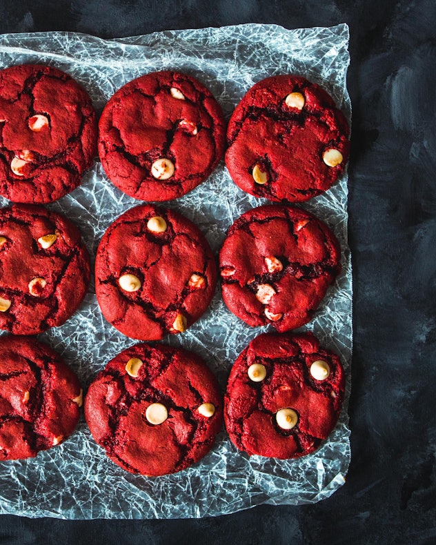 Red velvet and white chocolate chip cookies made without eggs.