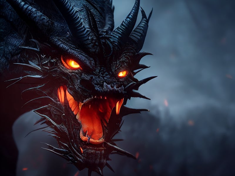Ancient dragon portrait with red eyes, black body, strong fighting dragon, dragon king portrait in s...