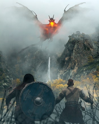 two warriors Vikings fight against a big fire dragon in a battle on mountains with fog and mist - co...