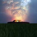 A family with a car broken down on a secluded field at night with a light glowing from the sky,scene...