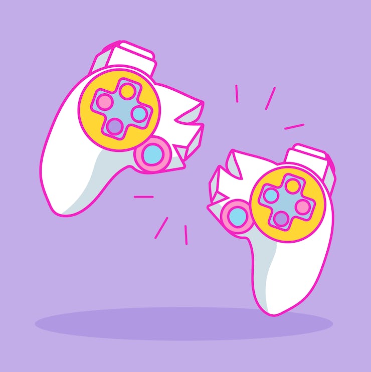 Broken game pad. Cartoon illustration. Game addict