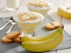 Ripe bananas, cookies for cream pudding. Beautiful and tasty dessert, two portions. Food to cheer yo...