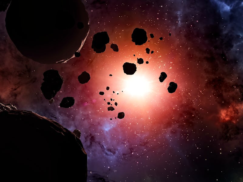 Asteroid and debris in the space. Asteroid rings around a planet. Big star in the background. 3d ren...