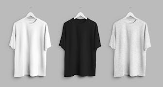 White, black, heather oversized t-shirt mockup, clothes hanging on wooden hanger, front view, isolat...