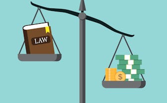 Balance balancing money and the book of law, concept of injustice and corruption, money and law bala...