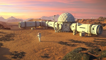 Mars base with astronauts, research habitat on the surface of the red planet (3d science illustratio...