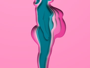 Paper cut woman in full body profile view with layered overweight and athletic body image. Thin fema...