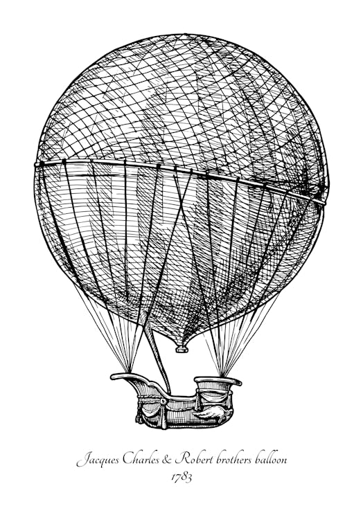 Jacques Charles and Robert brothers balloon. Vector hand drawn in vintage engraved style. Isolated o...