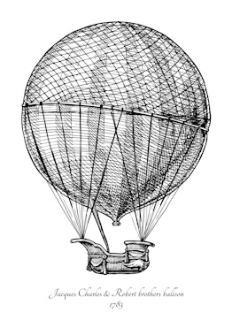 Jacques Charles and Robert brothers balloon. Vector hand drawn in vintage engraved style. Isolated o...