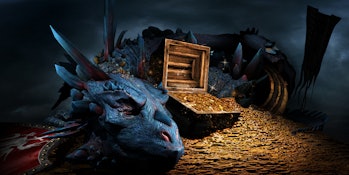 Fantasy scene with blue dragon, treasure chest and pile of golden coins. 3D illustration.