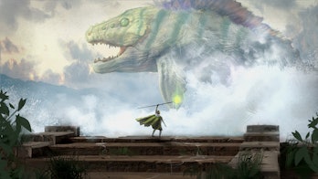 Digital painting of a wizard summoning a giant seas creature from the ocean to smite his enemies - F...