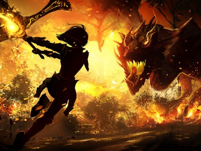 The black silhouette of a frail girl running to attack a sinister furious dragon with a huge sword a...