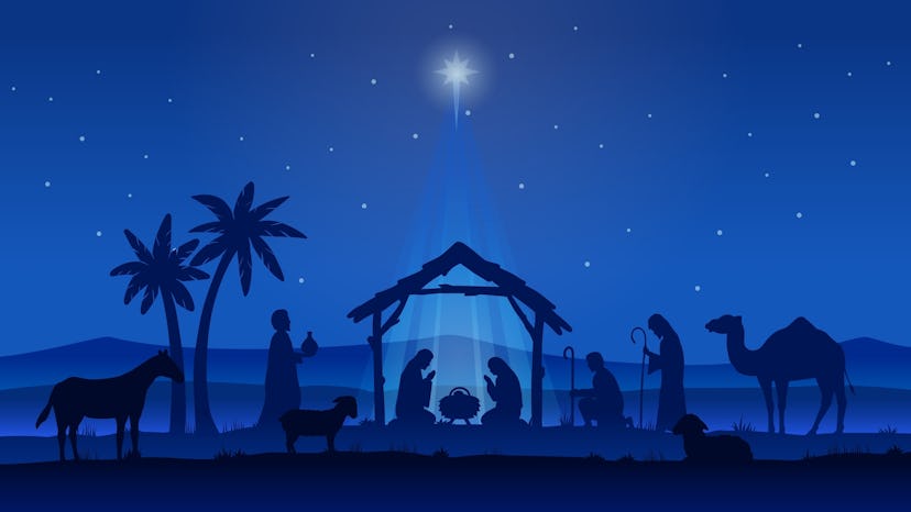 Illustration of Christmas Nativity scene. Nativity scene silhouette. Christian Christmas silhouette ...