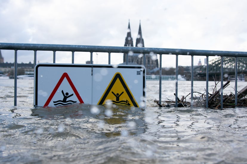 A general view of the flooding along the Rhine River at Rhine Boulevard in Cologne, Germany, on Dece...