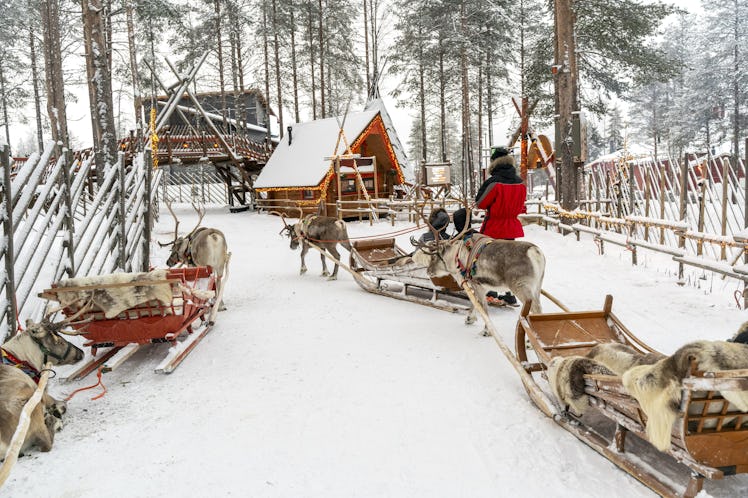 Sledges and reindeers of the Santa Claus Reindeer company at the Santa's Village in the Arctic Circl...
