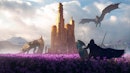 在紫色的花田里，两条巨龙和一个骑士英雄精灵在保卫一座塔的史诗般的战斗……