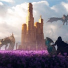 Epic battle between two big dragons and a knight hero elf in a purple flowers field defending a towe...