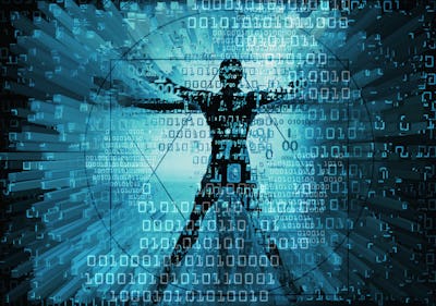 Modern Vitruvian man and computer data.
Futuristic grunge stylized Illustration of blue vitruvian ma...