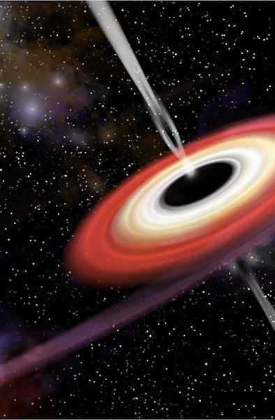 An artist's depiction of a black hole and it's accretion disk in interstellar space pulling in gas a...