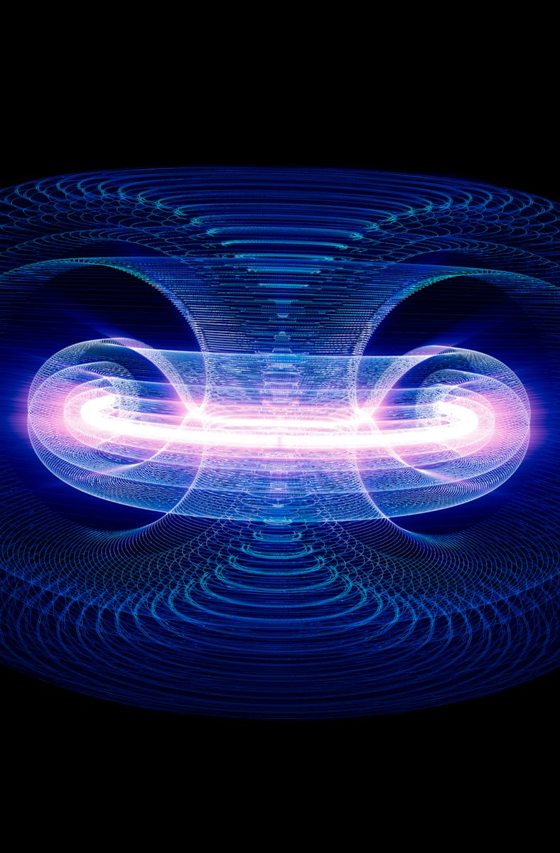 High Energy Particles Flow Through A Tokamak Or Doughnut-Shaped Device. Antigravity, Magnetic Field,...