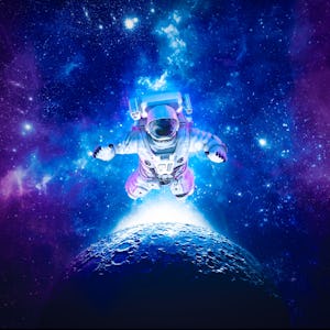 Astronaut floating above moon - 3D illustration of science fiction space suited figure among the sta...