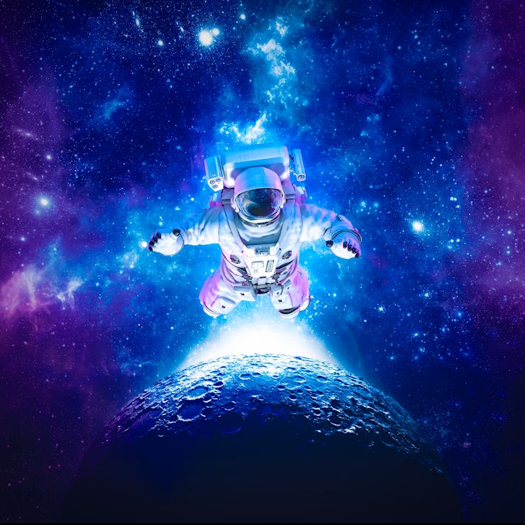 Astronaut floating above moon - 3D illustration of science fiction space suited figure among the sta...