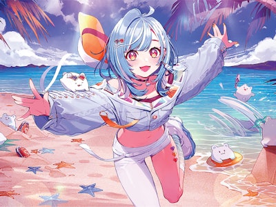 Симпатичная аниме -девушка на пляже с радостью бегает