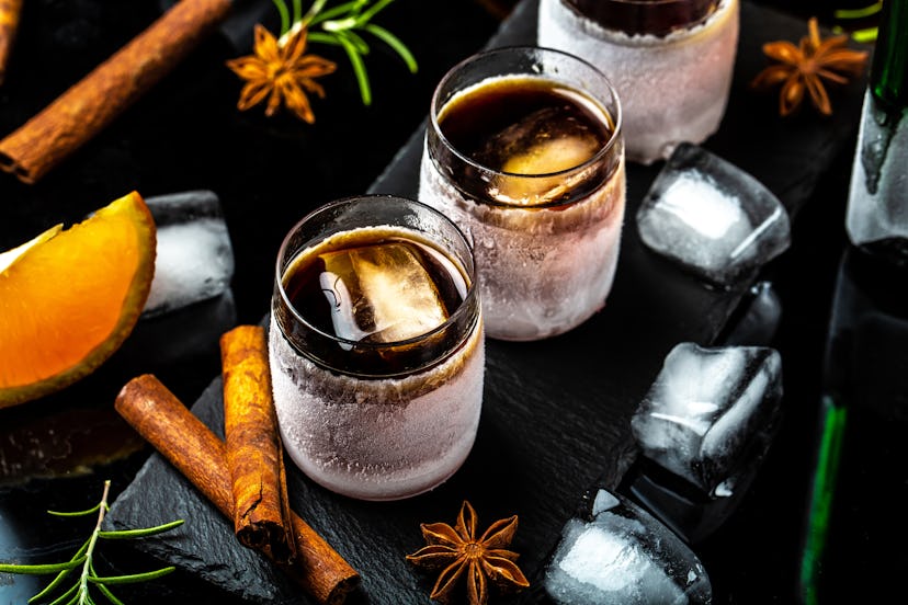 frozen herb liqueur in small glass. 