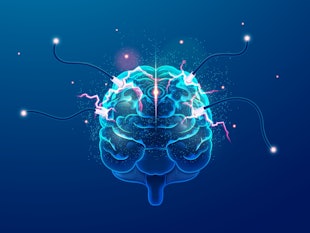 concept of brain power or neurology, graphic of brain presenting in front view with lightning effect