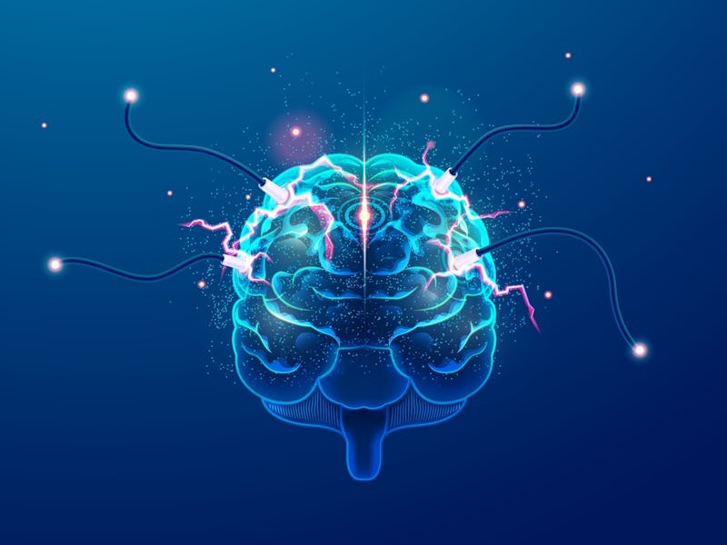 concept of brain power or neurology, graphic of brain presenting in front view with lightning effect