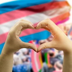 close up hands creating a heart with  transgender flag in the background