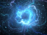 Blue glowing giant lightning energy field in space, computer generated abstract background, 3D rende...
