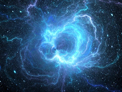 Blue glowing giant lightning energy field in space, computer generated abstract background, 3D rende...