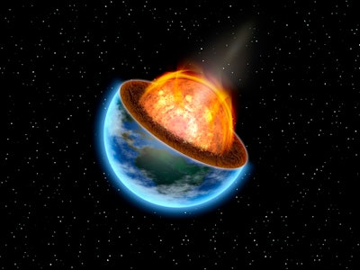 The glowing core of the earth protrudes from the cut open earth that drifts through space - 3D-illus...