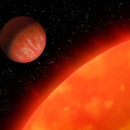 The planet's orbit is close to the star. A hot exoplanet orbits a red supergiant. 