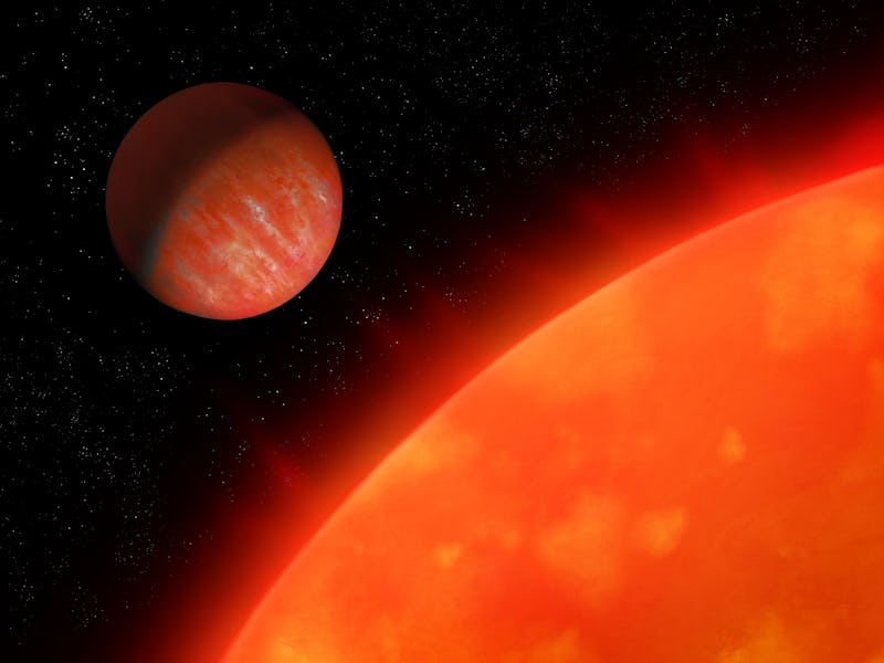 The planet's orbit is close to the star. A hot exoplanet orbits a red supergiant.